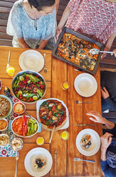 View from above healthy lunch being served at table - CAIF23035