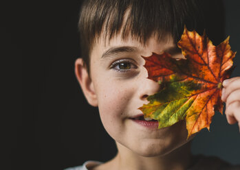 Nahaufnahme eines Jungen, der ein Herbstblatt vor einem farbigen Hintergrund hält - CAVF61754