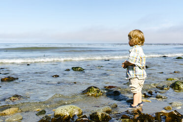 Side view of baby boy standing in sea against sky during sunny day - CAVF61831