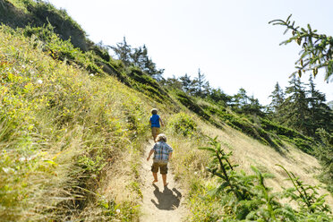 Rear view of brothers walking on trail against clear sky at Fort Ebey State Park - CAVF61836