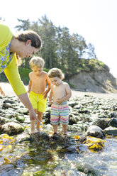 Mother showing rocks to shirtless sons standing in sea during sunny day - CAVF61840