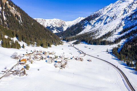 Österreich, Tirol, Kelmen, Namlospass im Winter, Luftbild, lizenzfreies Stockfoto