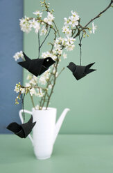 Easter decoration, Twig of sloe, leather cord folded as birds - GISF00395