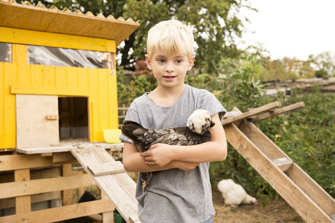 Junge hält polnisches Huhn im Hühnerstall im Garten, lizenzfreies Stockfoto