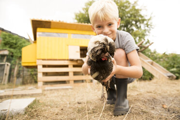 Junge hält polnisches Huhn im Hühnerstall im Garten - MFRF01262