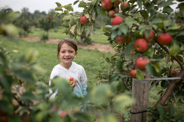 Portrait of cute smiling girl standing by fruit trees at farm - CAVF62144