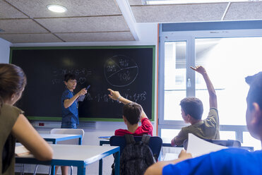 Seitenansicht einer Lehrerin, die mit Schülern im Klassenzimmer interagiert - CAVF62204