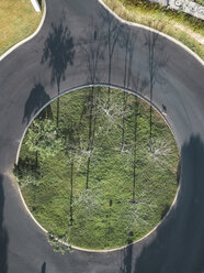 Luftaufnahme von Pflanzen und Bäumen, die inmitten einer kreisförmigen leeren Straße im Park wachsen - CAVF62230