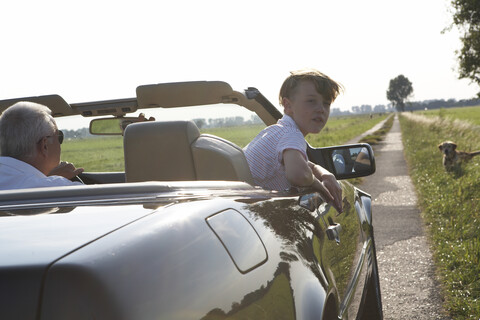 Grandfather and grandson at cabrio, boy looking around, dog at wayside stock photo