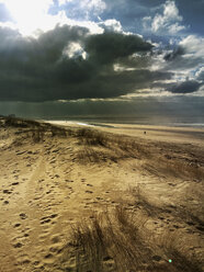 Belgium, Flanders, North Sea, beach and dunes with sunbeams in thunderstorm conditions - GWF05920