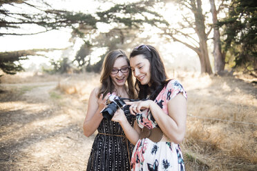 Happy sisters looking photographs in camera while standing against trees at forest - CAVF62474