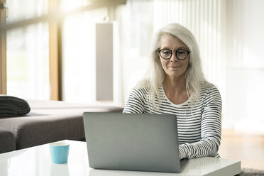 Porträt einer reifen Frau, die zu Hause einen Laptop benutzt - SBOF01846