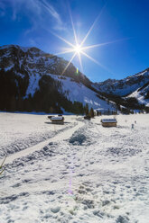 Österreich, Tirol, Tannheimer Tal, Ställe im Winter gegen die Sonne - THAF02484