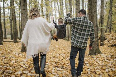 Rückansicht von verspielten Eltern, die ihren Sohn schaukeln, während sie seine Hände auf Blättern im Herbst im Wald halten - CAVF62808