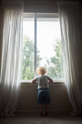 Rückansicht eines kleinen Jungen, der durch ein Fenster zu Hause schaut - CAVF62923
