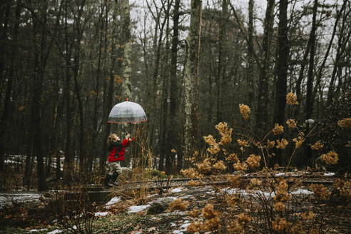 Seitenansicht eines Jungen mit Regenschirm beim Spielen im Wald im Winter - CAVF62944