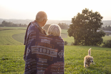 Rückenansicht eines älteren Paares, das bei Sonnenuntergang auf einer Wiese steht und seinen Hund beobachtet - MAMF00478