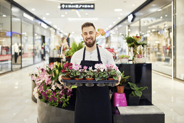 Porträt einer lächelnden Floristin mit einem Tablett voller Topfpflanzen in einem Blumenladen - ZEDF02003