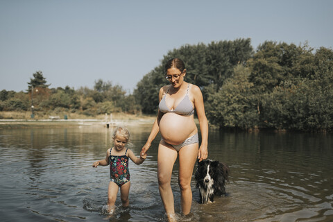 Niederlande, Schiermonnikoog, schwangere Mutter mit Tochter und Border Collie in einem See, lizenzfreies Stockfoto