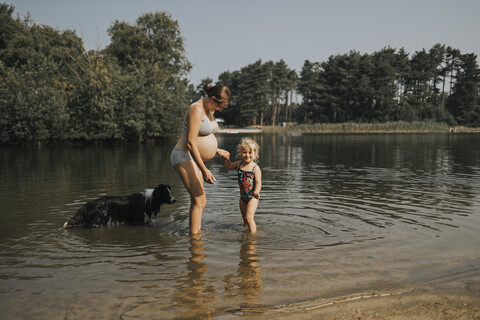 Niederlande, Schiermonnikoog, schwangere Mutter mit Tochter und Border Collie in einem See, lizenzfreies Stockfoto