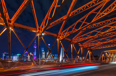 Waibaidu Bridge and Pudong skyline at night, Shanghai, China - CUF49820