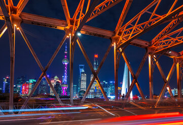 Waibaidu Bridge and Pudong skyline at night, Shanghai, China - CUF49821