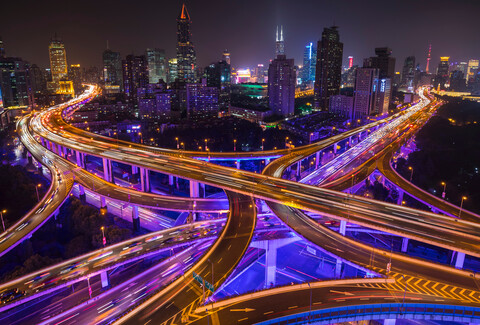 Nine dragon intersection at night, high angle view, Shanghai, China stock photo