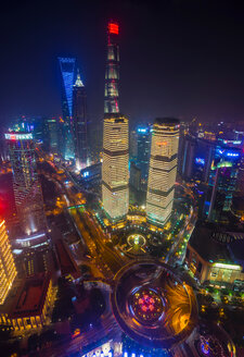 Pudong skyline with Shanghai Tower, Shanghai World Financial Centre and IFC at night, high angle view, Shanghai, China - CUF49833