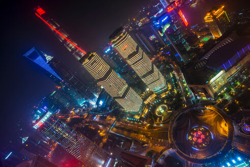 Pudong skyline with Shanghai Tower, Shanghai World Financial Centre and IFC at night, high angle view, Shanghai, China - CUF49834
