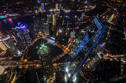 Cityscape with Pudong, Jin Mao Tower and Shanghai Tower at night, high angle view, Shanghai, China - CUF49843