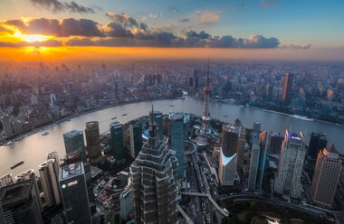 Pudong skyline and Huangpu river at sunset, high angle view, Shanghai, China - CUF49844