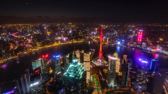 Cityscape with Pudong and Huangpu river at night, high angle view, Shanghai, China - CUF49847
