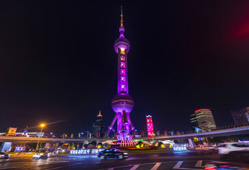 Pudong skyline with Oriental Pearl Tower at night, Shanghai, China - CUF49852