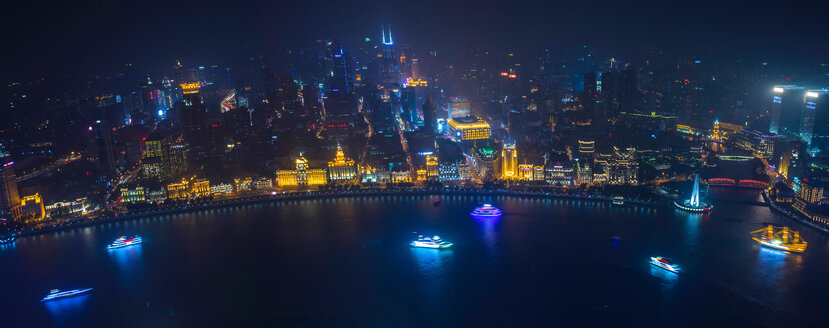 Bund and Huangpu river at night, high angle panoramic view, Shanghai, China - CUF49859