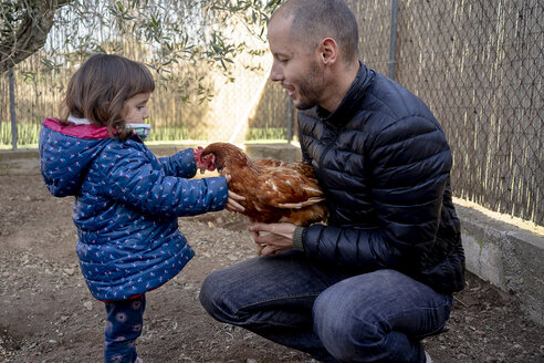 Vater und kleine Tochter mit Huhn auf dem Hühnerhof - GEMF02904