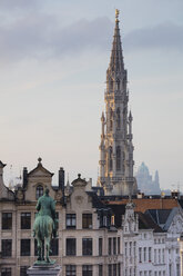 Belgium, Brussels, View from Mont des Arts, Townhall and lower city, Statue of Albert I of Belgium - WIF03870