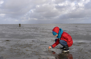 Germany, Lower Saxony, North Sea, Hamburg Wadden Sea National Park, Neuwerk, low tide, girl playing in mudflat - BFRF01983