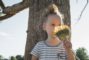 Niedriger Winkel Blick auf niedliche Mädchen riechen Sonnenblume, während stehend von Baum im Park - CAVF63227