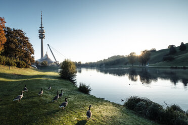 Deutschland, München, Olympiapark und Olympiasee in der Morgensonne - WFF00046