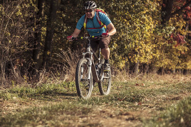 Mann fährt mit dem Mountainbike auf einem Weg durch den Wald - SEBF00056