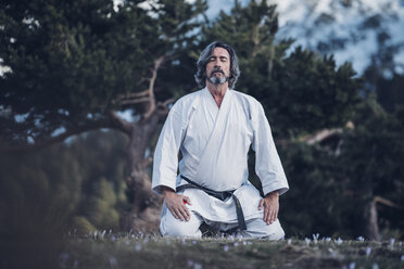 Älterer Mann übt Karate im Freien, Meditation - OCMF00307