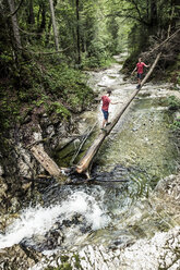 Germany, Bavaria, Upper Bavaria, lake Walchen, two young men are crossing a torrent on a tree trunk, twins - WFF00052
