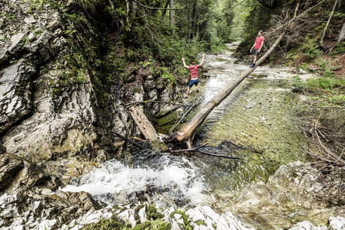 Deutschland, Bayern, Oberbayern, Walchensee, zwei junge Männer überqueren auf einem Baumstamm einen Wildbach, Zwillinge - WFF00054