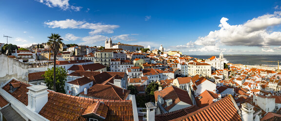 Portugal, Lisbon, Alfama, View from Miradouro de Santa Luzia over district with Sao Vicente de Fora Monastery, River Tagus, panoramic view - AMF06839