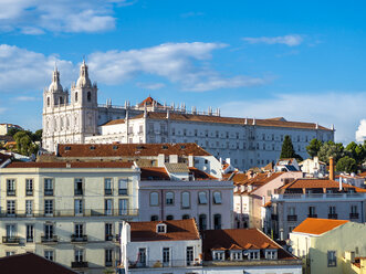 Portugal, Lisbon, Alfama, View from Miradouro de Santa Luzia over district with Sao Vicente de Fora Monastery - AMF06841