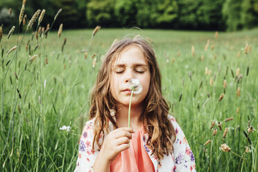 Porträt eines Mädchens mit Pusteblume auf einer Wiese - ANHF00098