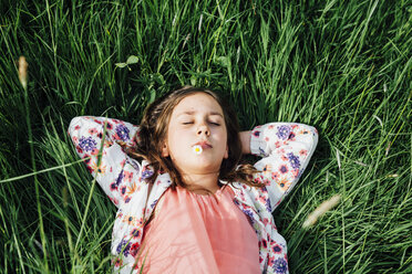 Portrait of girl relaxing on a meadow with daisy in her mouth - ANHF00101