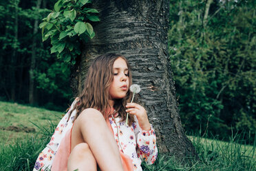 Portrait of girl sitting on a meadow blowing blowball - ANHF00105