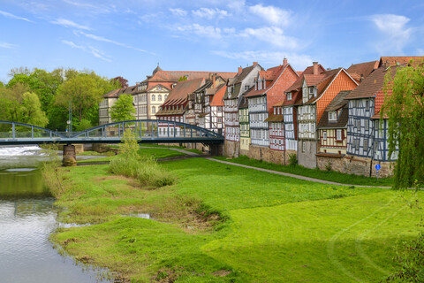 Germany, Rotenburg an der Fulda, Fulda riverside with the old Fulda bridge stock photo