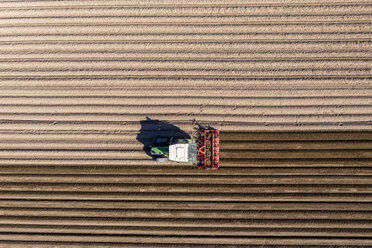 Germany, Hesse, Aerial view of tractor on asparagus field - AMF06862